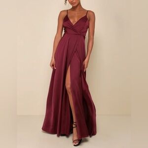 Lulus Ode To Love Burgundy Satin Maxi Dress in size Small